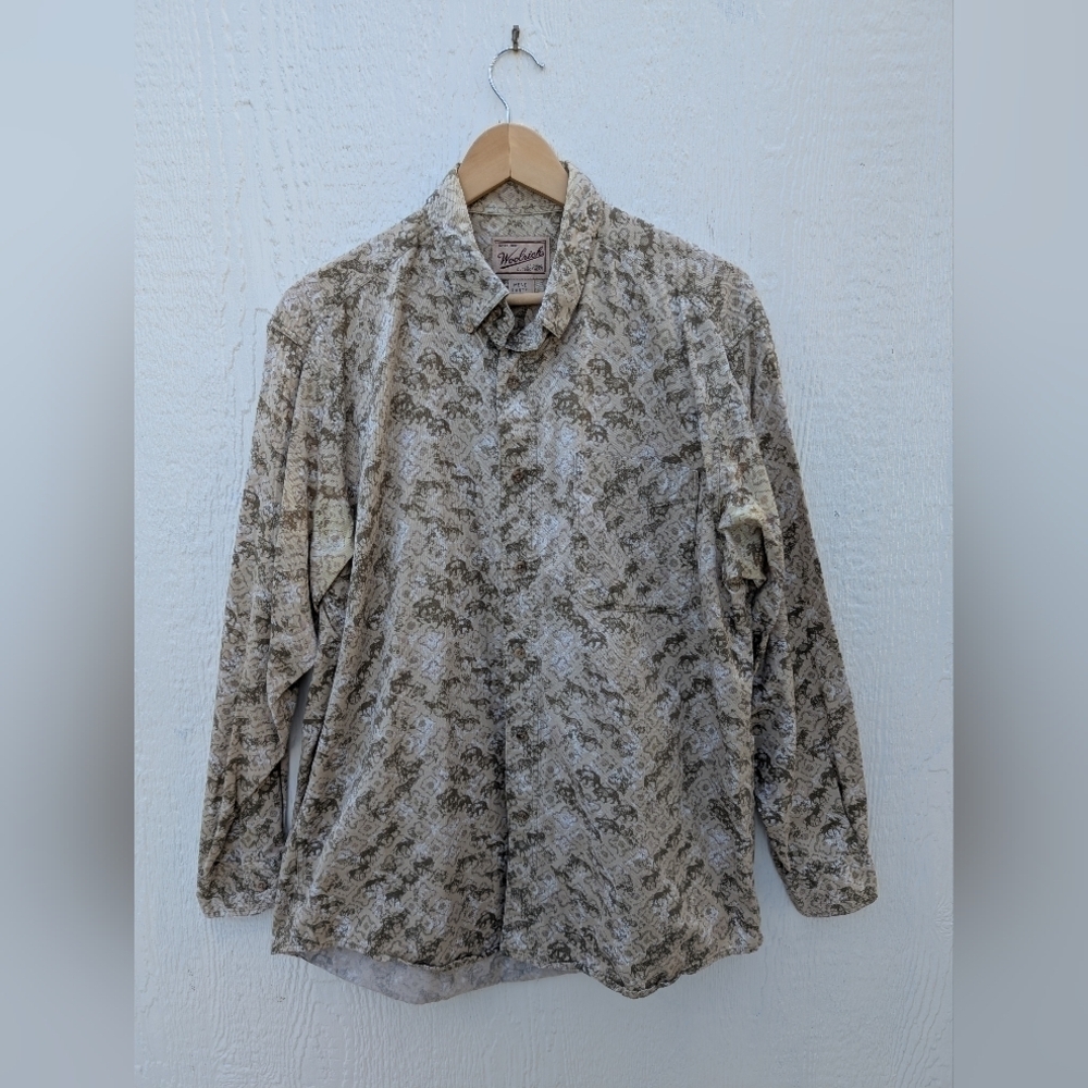 Vintage Woolrich Bear Deer Hunting Cotton Button Down Shirt Men's Size Large